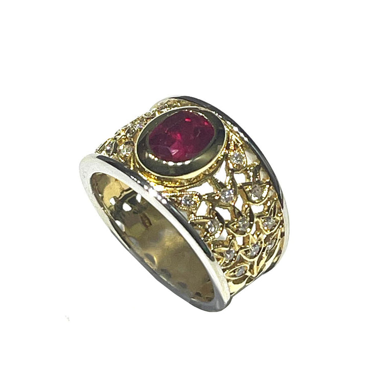 Fantasia Floral band ring caps 18kt yellow and gold ruby and diamonds