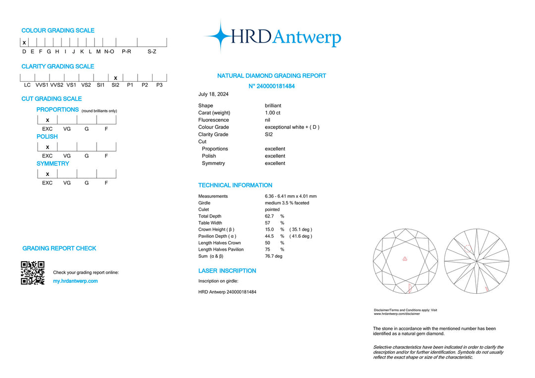 HRD certified investment diamond 1.00ct purity color si2