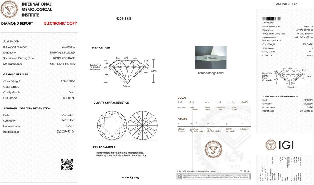 IGI 1,00CT Certified Investment Diamond color F purity vs1