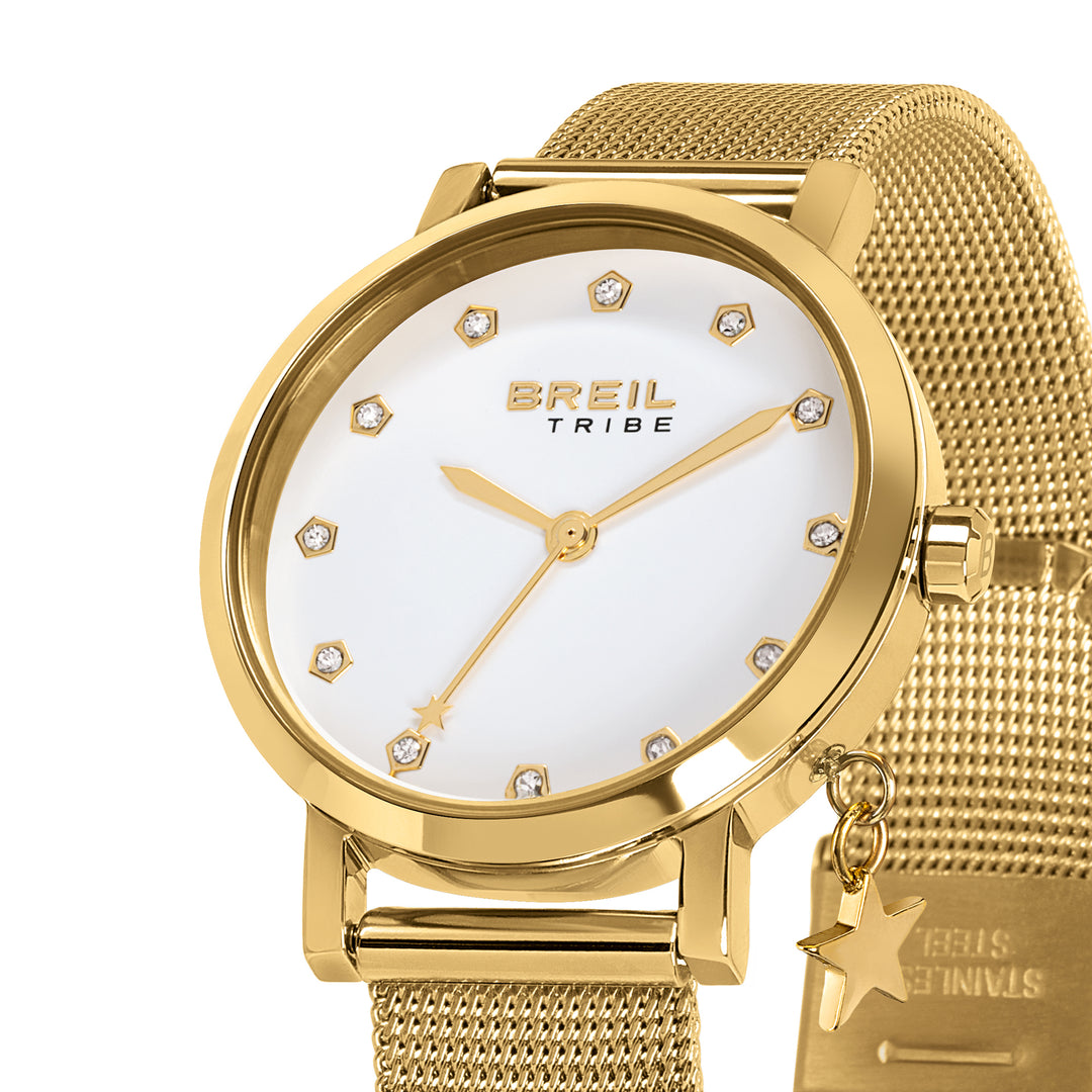 Breil Watch Emily 30mm白色立方體石英鋼飾面IP金ew0787