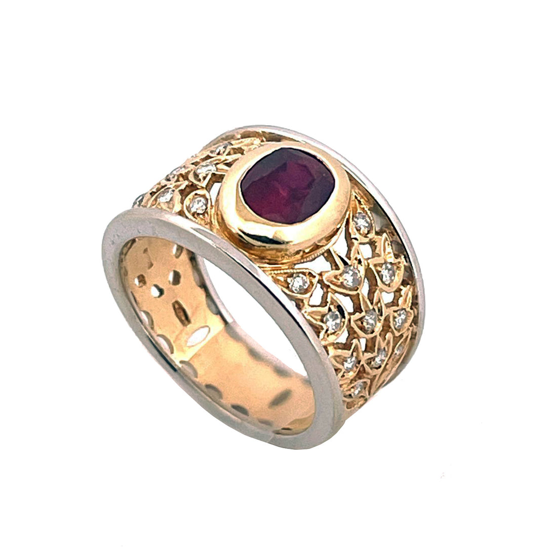 Fantasia Floral band ring caps 18kt yellow and gold ruby and diamonds