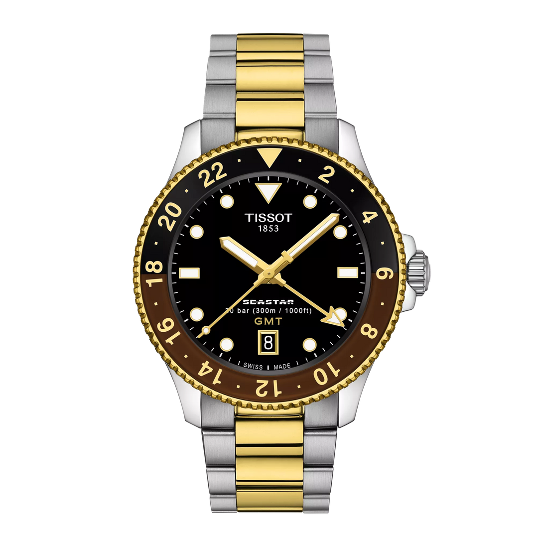 Tissot Seastar 1000 GMT 시계 40mm 블랙 쿼츠 스틸 마감 PVD 골드 골드 T120.852.22.051.00