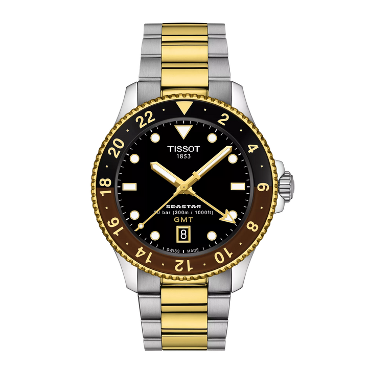 Tissot Seastar 1000 GMT 시계 40mm 블랙 쿼츠 스틸 마감 PVD 골드 골드 T120.852.22.051.00