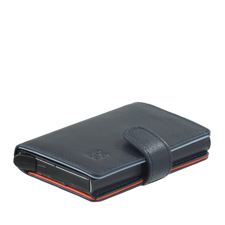 DUDU WALLE RFID MEN'S LEATHER REGISTER, Small miniwallet with aluminum cardprotector, banknotes and button closure