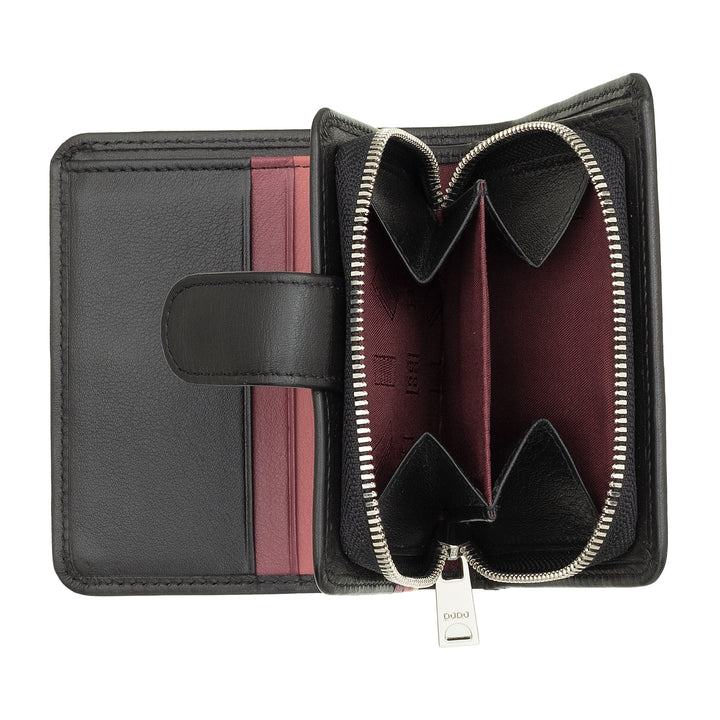 Dudu small leather wallet with zipper door, compact handbag portfolio with button closure, banknotes, card holder and RFID protection