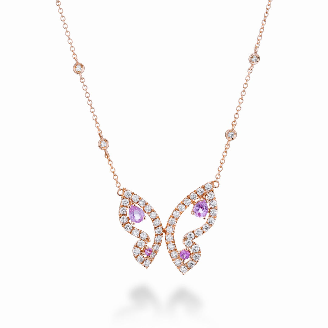 핑크 사파이어와 다이아몬드가있는 작은 나비 목걸이 Golay