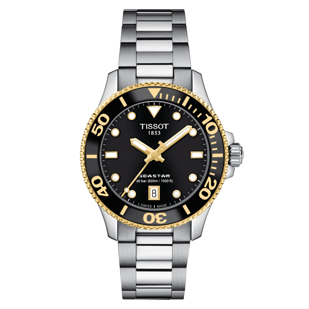 天梭手表Seastar 1000 36毫米黑色石英钢PVD黄金T120.210.21.051.00