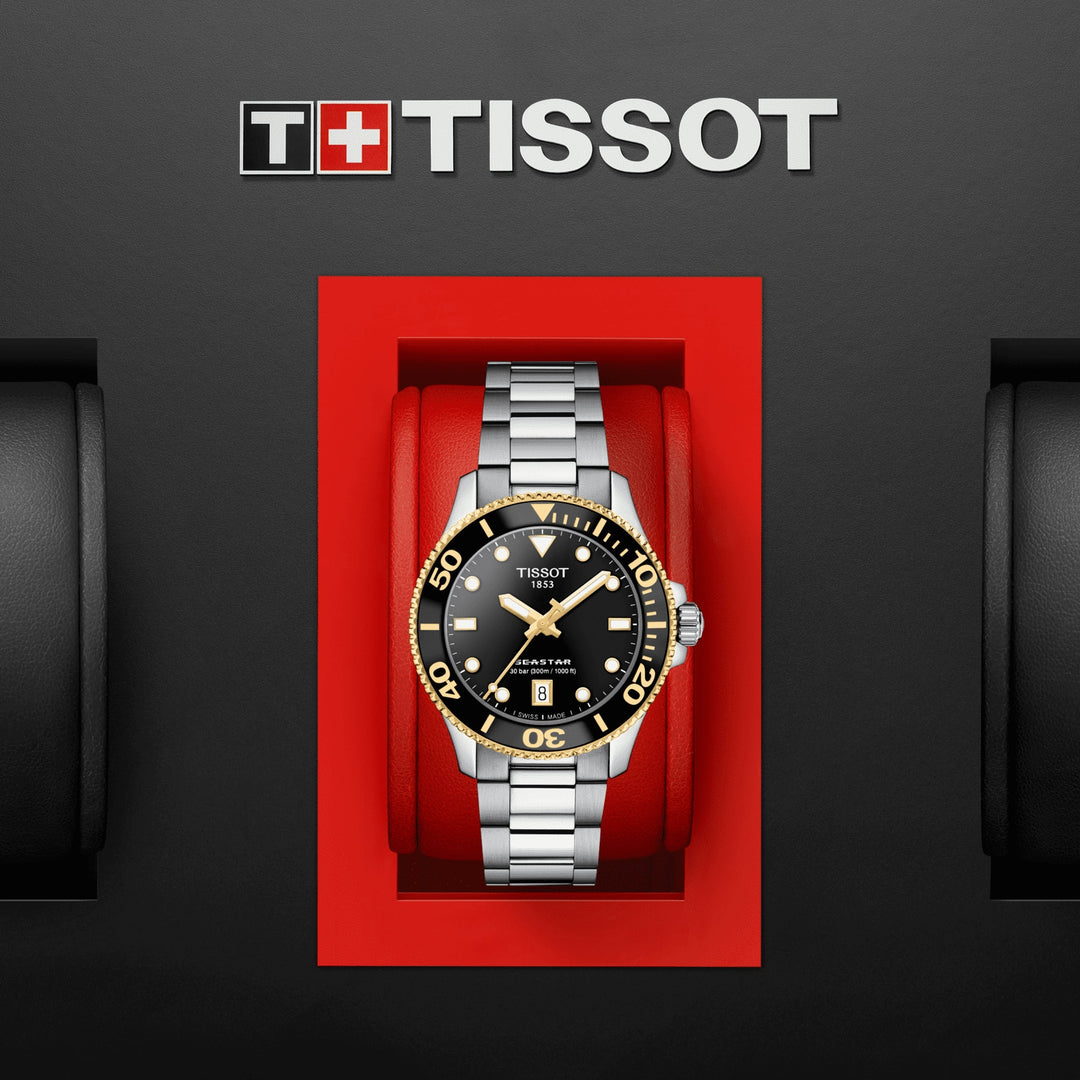 天梭手表Seastar 1000 36毫米黑色石英钢PVD黄金T120.210.21.051.00