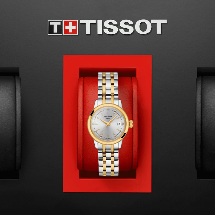 Tissot時計クラシックレディードリーム28ミリメートルシルバークォーツスチールトリムPVDイエローゴールドT129.210.22.22.03.031.00