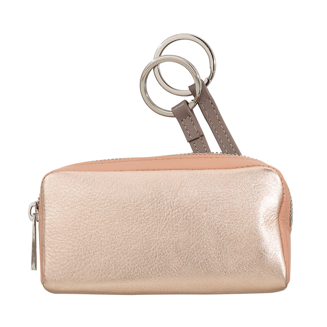 DuDu 여성용 정품 가죽 키 체인 핑크 메탈릭 지퍼 Zip이 있는 화려한 동전 지갑