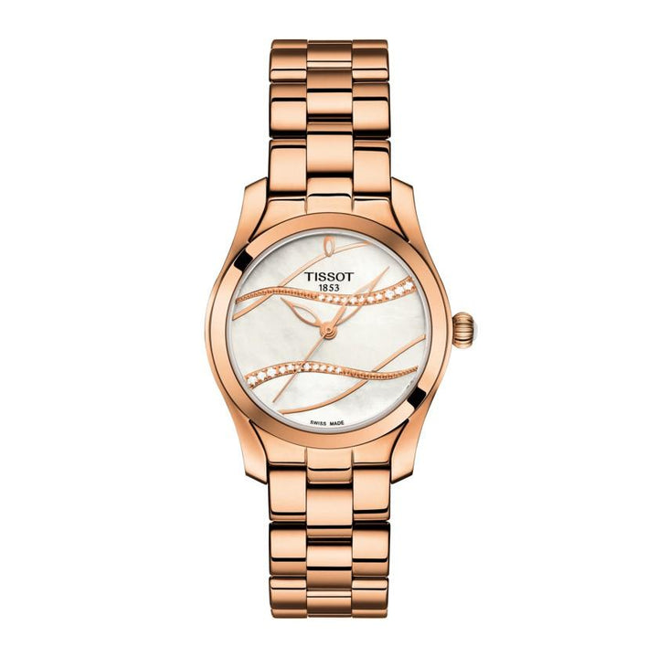 Tissot orologio T-Wave 30mm madreperla diamanti quarzo acciaio finitura PVD oro rosa T112.210.33.111.00 - Gioielleria Capodagli