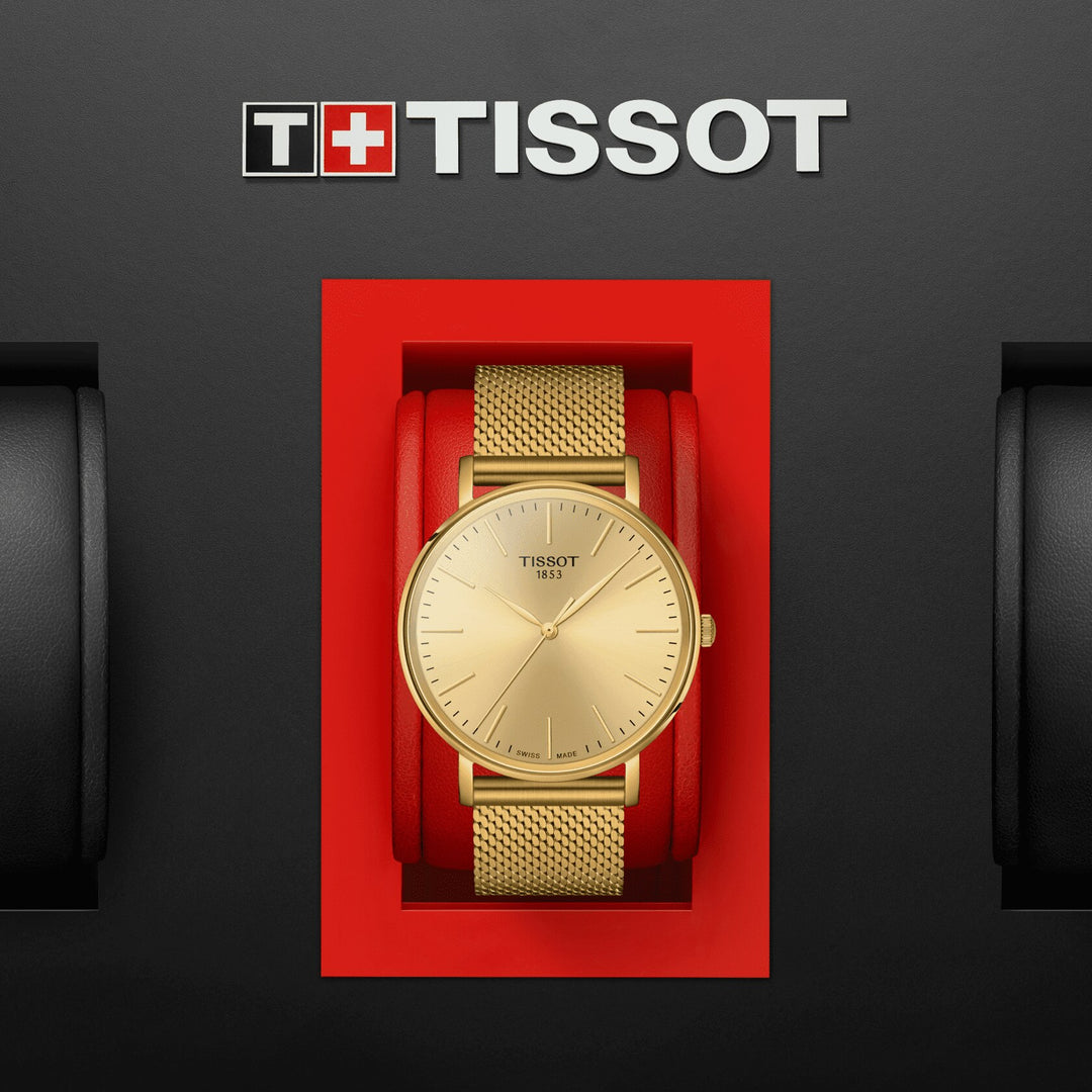 Tissot 시계 Everytime Gent 40mm 샴페인 석 영 스틸 마무리 PVD 옐로우 골드 T143.410.33.021.00
